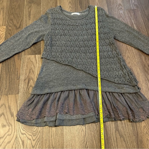 Simply Couture Sm Mixed Media Gray Tunic Sweater Dress Crochet Lace Asymmetric - Picture 7 of 9